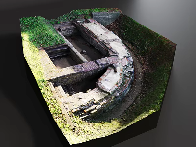Archaeological Site Featuring Ancient Stone Ruins Sunken Structure and Green Grass 3d model