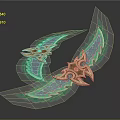 Wing Shaped Glowing Green Bladed Weapon With Golden Decor And Gemstone