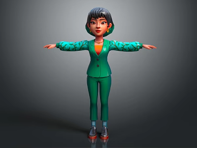 3D Cartoon Character In Green Suit Hat Dark Hair And Outstretched Arms 3d model