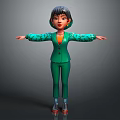 3D Cartoon Character In Green Suit Hat Dark Hair And Outstretched Arms