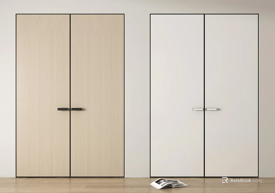 Modern Double Doors in Light Wooden White with Black Silver Handles for Minimalist Interior Space 3d model 