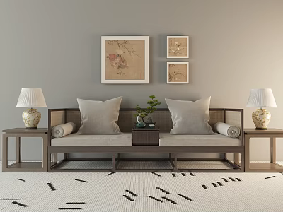 Chinese Style Sofa Coffee Table Set With Wooden Frame Beige Cushions Side Tables Lamps Wall Art And Geometric Rug 3d model