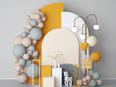 Colorful Decorative Scene With Pastel Balloon Arch Geometric Shapes And Unicorn 3d model