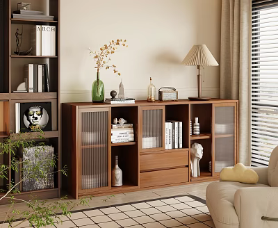 Wooden Bookcase With Glass Doors And Drawers In Living Room With Books Decorations And Lamp 3d model