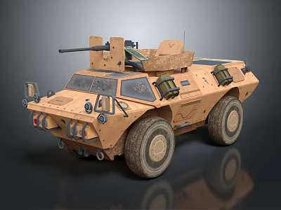 Armored Military Vehicle Featuring Desert Camouflage Roof Mounted Weapon And Large Tires 3d model