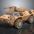 Armored Military Vehicle Featuring Desert Camouflage Roof Mounted Weapon And Large Tires