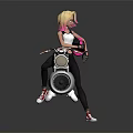 Blonde Pink Haired Female Game Movie Character Riding Mechanical Jetpack Holding Pink Helmet