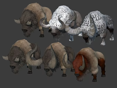 Diverse 3D Bison Models Featuring Various Color Textures And Horned Characteristics 3d model