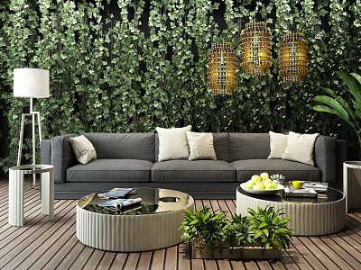 Modern Three Seater Sofa With White Cushions Against Green Plant Wall And Golden Pendant Lights 3d model