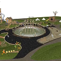 Park Landscape With Children Playing Slide Tree House Circular Plaza Tents And Green Lawn