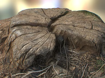 Natural Stone And Wood Rustic Texture Featuring Rough Stump With Exposed Roots And Earthy Ground 3d model
