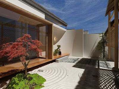 Zen Garden Landscape With Red Maple Tree Sand Patterns Stones And Wooden Platform 3d model