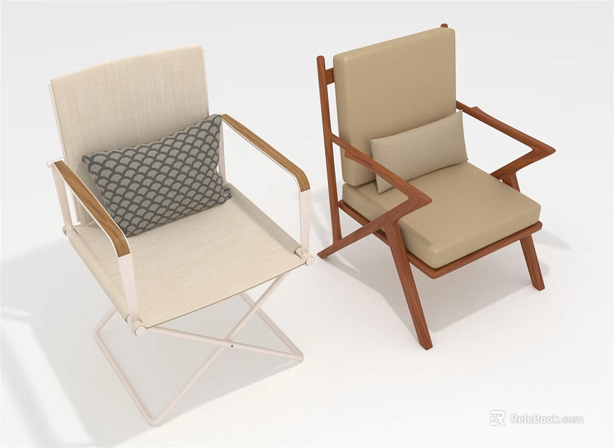Two Modern Leisure Chairs With Gray Geometric Beige Cushions White Metal Brown Wooden Frames 3d model 