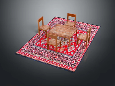 Wooden Dining Table Set with Four Chairs Placed on Red Patterned Rug 3d model