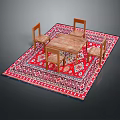 Wooden Dining Table Set with Four Chairs Placed on Red Patterned Rug 3d model