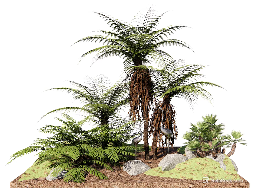 Lush Green Shrubs with Ferns Palms and Stones in Natural Garden Landscape 3d model 