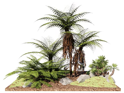 Lush Green Shrubs with Ferns Palms and Stones in Natural Garden Landscape 3d model