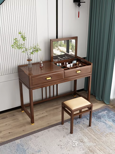 Modern Wooden Dressing Table With Mirror Upholstered Stool And Cosmetics 3d model