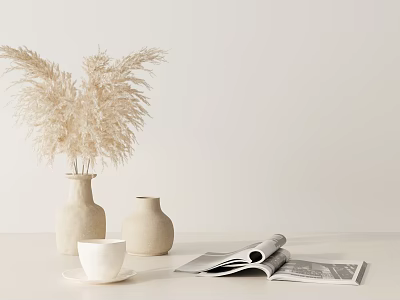 Decorative Ornament Arrangement With Dried Pampas Grass Vase Ceramic Pots White Cup And Open Magazine 3d model