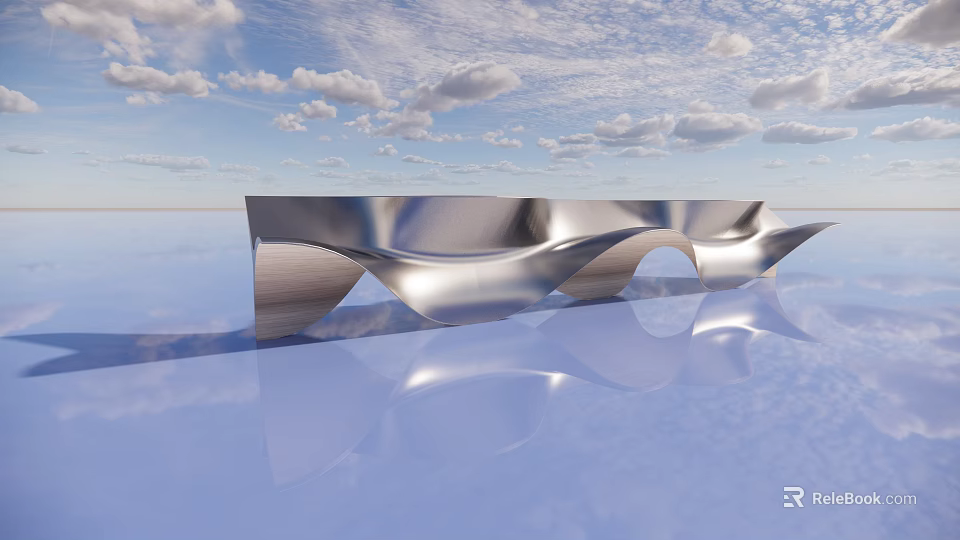 Modern Silver Wavy Public Chair With Metallic Material Water Reflection And Sky Background 3d model 