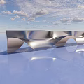 Modern Silver Wavy Public Chair With Metallic Material Water Reflection And Sky Background