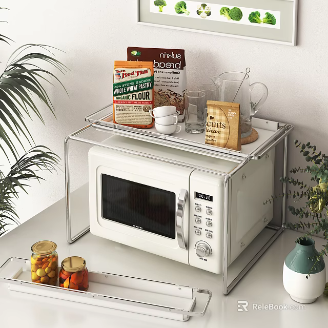 Sturdy Metal Bathroom Cabinet Rack With Microwave Flour Box Sugar Glass Cups And Decorative Plants 3d model 