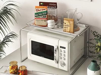 Sturdy Metal Bathroom Cabinet Rack With Microwave Flour Box Sugar Glass Cups And Decorative Plants 3d model