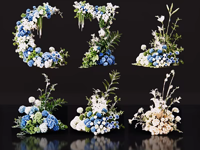 Elegant Blue and White Flower Vase Arrangements with Green Leaves and Designs 3d model