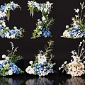 Elegant Blue and White Flower Vase Arrangements with Green Leaves and Designs