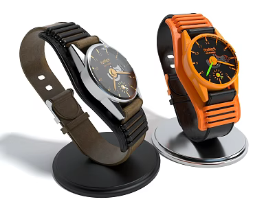 Two Stylish Watches With Brown Leather And Orange Sporty Straps Black Dial On Display Stands 3d model