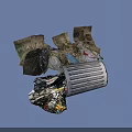 Public Trash Can Facility With Scattered Garbage Including Plastic Bags And Papers
