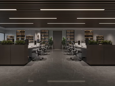 Modern Office Open Workspace With Desks Office Chairs Green Plants Bookshelves And Ceiling Light Strips 3d model