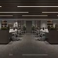 Modern Office Open Workspace With Desks Office Chairs Green Plants Bookshelves And Ceiling Light Strips