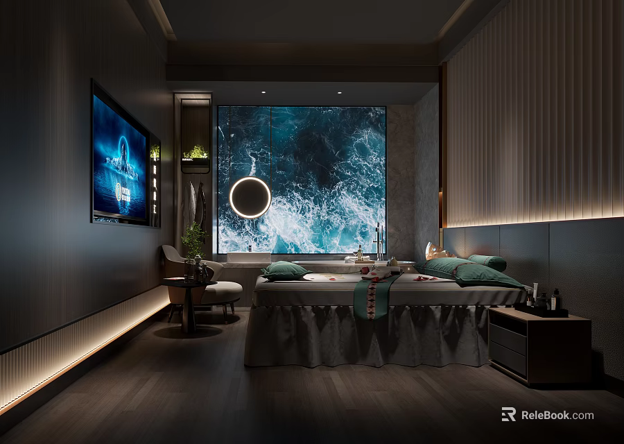 Cozy SPA Room With Massage Bed Green Pillows Towels Blue Wave Decor And Soft Lighting 3d model 