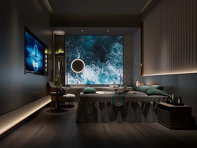 Cozy SPA Room With Massage Bed Green Pillows Towels Blue Wave Decor And Soft Lighting 3d model