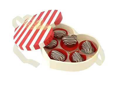 Decorative Ornament Set With Open Heart Shaped Box Red White Striped Lid And Chocolates 3d model