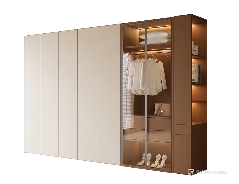Modern Wardrobe Design With Glass Door Hanging Shirts Folded Clothes And Shoes 3d model 