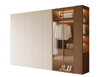 Modern Wardrobe Design With Glass Door Hanging Shirts Folded Clothes And Shoes 3d model