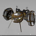 Mechanical Device with Large Spoked Wheels Metal Wooden Frame Central Circular Console Support Stands