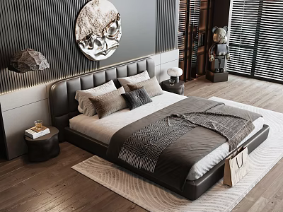Modern Luxury Double Bed Upholstered Headboard Pillows Throw Blanket Wooden Floor Interior Design 3d model