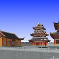Ancient Chinese Architecture Complex With Traditional Pagoda Courtyard Overhanging Eaves And Pond