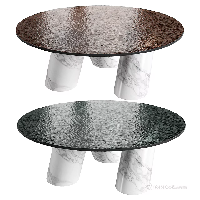 Coffee Table with Dark Brown and Green Textured Glass Top and White Marble Cylindrical Legs 3d model 