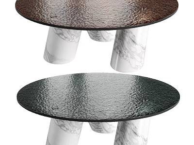 Coffee Table with Dark Brown and Green Textured Glass Top and White Marble Cylindrical Legs 3d model
