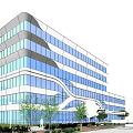 Modern Office Building Exterior With Curved Glass Curtain Walls Landscaping And Spacious Entrance Plaza