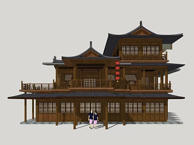 Traditional Chinese Ancient Architecture With Multi Story Wooden Structure Overhanging Eaves Red Lanterns Carved Windows 3d model