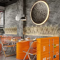 Industrial Modern Restaurant Interior With Concrete Walls Metal Lights And Orange Chairs