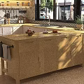Light Wood Kitchen Sideboard With Simple Design Countertop Holding Fresh Fruits And Utensils