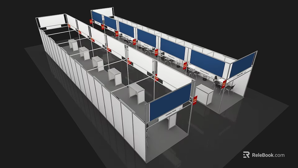 Exhibition Booth Layout With White Frames Blue Panels And Tables 3d model
