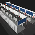 Exhibition Booth Layout With White Frames Blue Panels And Tables 3d model