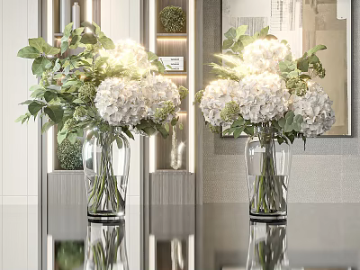 White Hydrangea Flowers with Fresh Green Leaves in Transparent Vases for Modern Interior Decor 3d model